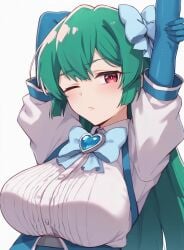 ai_generated arms_up big_breasts green_eyes huge_breasts large_breasts long_hair looking_at_viewer magia_azul mahou_shoujo_ni_akogarete minakami_sayo notekaga red_eyes stretching