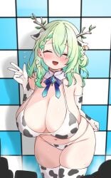 blush ceres_fauna closed_eyes clueless cow_ears cow_girl cow_print cow_print_armwear cow_print_bikini cow_print_thighhighs embarrassed full-face_blush gigantic_breasts hololive hololive_english interview kani_bonara long_gloves nervous_smile sagging_breasts shortstack smile thick_thighs thighhighs virtual_youtuber vtuber wide_hips