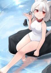 :3 animal_ears big_breasts cat_ears cat_girl catgirl collar daebom foot_in_water hand_up m18_hellcat pale_skin patreon red_collar red_eyes short_hair sitting swimsuit tagme tail war_thunder water white_hair white_swimsuit