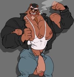 anthro balls bara barazoku beast_(disney) beauty_and_the_beast big_muscles cigar clothing disney flaccid flexing furry hyper_muscles male male_only muscles muscular penis penis_out remert ripped_clothing solo solo_male