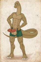 1boy abs anthro bald balls clothing comfycushion dinosaur erection flashing green_eyes looking_at_viewer male male_only muscles navel nipples penis scalie shorts smile solo topless