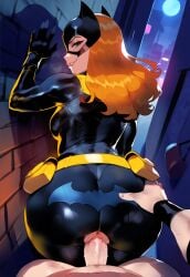 1boy 1girls against_wall agent_37 ai_generated ass ass_focus ass_grab barbara_gordon batgirl batman_(series) bodysuit clothing_cutout dc dc_comics dick_grayson doggy_style female from_behind long_hair male masked_female nightwing outdoors pov public sex standing_sex thiccwithaq_(ai_style) tittyg-ai vaginal_penetration