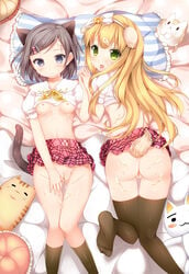 2girls animal_ears azuki_azusa black_hair blonde_hair blue_eyes breasts cat_ears cat_tail cum dog_ears dog_tail duji_amo feet green_eyes hentai_ouji_to_warawanai_neko. long_hair multiple_girls nipples no_panties no_shoes pussy school_uniform shirt_lift short_hair tail thigh_gap thighhighs tsutsukakushi_tsukiko uncensored