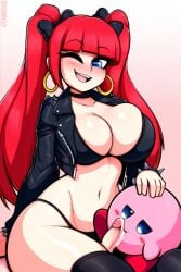 ai_generated blowjob blue_eyes blue_hair_ribbon chopped_bangs cum cum_drip futanari goth goth_futa goth_girl goth_mommy hoop_earrings izzyredlove_(oc) kirby kirby_(series) large_breasts leather_jacket original original_character pale-skinned_futanari pale_skin red_hair twintails twintails_(hairstyle) wink