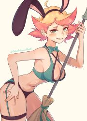 1girls amanda_o'neill artist_signature barely_clothed bowtie broom broomstick bunny_ears busty cleavage curvy female green_eyes leaning_forward light-skinned_female light_skin little_witch_academia madabauillust orange_hair revealing_clothes smile solo