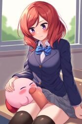 1boy 1futa ai_generated blowjob blush classroom crossover futanari intersex intersex/male kirby kirby_(series) love_live! love_live!_school_idol_project nishikino_maki red_hair regret worried