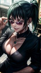 1girl 1girls ai_generated amber_eyes assertive_female big_breasts boobs breasts cleavage cleavage_window dressed eyelashes female female_focus female_only girl glasses glowing glowing_eyes hd highres jujutsu_kaisen looking_up_at_viewer mommy necklace smirk suit suit_jacket tits zenin_maki