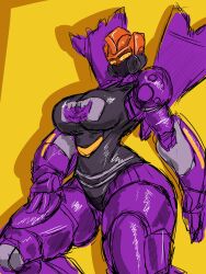 alien alien_female alien_girl alien_humanoid armor armored_female big_breasts breasts clothed cybertronian decepticon_insignia female female_focus female_only honooafterdark hourglass_figure large_breasts mouthguard robot robot_female robot_girl solo solo_female solo_focus spacewarp thick_thighs tight_clothes tight_clothing tight_topwear transformers yellow_eyes