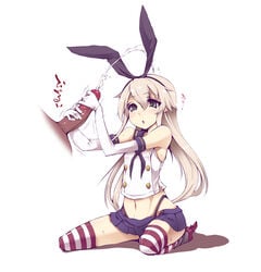 1boy 1girls blush cum dark-skinned_male dark_skin ejaculation female gloved_handjob gloves handjob highleg highleg_panties interracial kantai_collection light-skinned_female light_skin long_hair oohira_sansetto shimakaze_(kantai_collection) skirt striped striped_legwear striped_thighhighs tekoki white_gloves