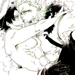 2boys abs akuma_no_mi cigar gay hug male male_only mera_mera_no_mi moku_moku_no_mi monochrome muscle one_piece portgas_d_ace smoke smoker_(one_piece) smoking topless yaoi