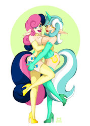 2girls bonbon_(mlp) breast_press corset cutie_mark friendship_is_magic high_heels horn humanized lillykitten lipstick lyra_heartstrings_(mlp) my_little_pony pointy_ears stockings thighhighs two_tone_hair yuri