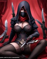 ai_generated ai_hands assassin black_hair breasts eyepatch female female_focus female_only knife knives legs_apart legs_spread looking_at_viewer mask masked original_character pussy red_background