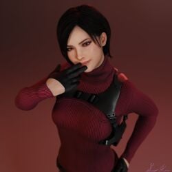 3d ada_wong black_hair brown_eyes gloves holster looking_at_viewer red_background red_sweater resident_evil short_hair simple_background smile sweater_dress sweethime