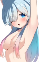 1girls armpit armpits arms_behind_head arms_up bangs bangs_over_eyes blue_hair blush blush_lines blushing breasts censored_nipples cleavage convenient_censoring covered_nipples double_bun female gradient_hair hair hair_bun hair_buns hair_censor hair_over_breasts hair_over_one_eye hairbun hairbuns long_hair makoto_and7 monster_strike multicolored_hair naked neo_(monster_strike) nude one_eye_closed pink_hair sidelocks small_breasts solo stretching two_side_up two_tone_hair white_background winking