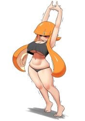 1girl 1girls bangs belly belly_button big_breasts black_clothing black_panties black_topwear blush breasts cleavage cute feet female female_only inkling inkling_girl large_breasts legs long_hair nintendo nobunagapero one_eye_closed orange_eyes orange_hair panties revealing_clothes simple_background solo solo_female solo_focus splatoon stomach stretching stretching_arms tentacle_hair thick_thighs thighs thighs_together tiptoes underboob white_background