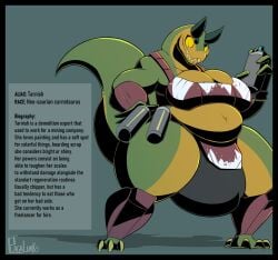 abelisaurid anthro armor ass balls big_balls big_breasts big_butt big_penis biography breastplate breasts carnotaurus chipped_paint clothing dinosaur genitals grin herm hi_res huge_balls huge_breasts huge_cock hyper hyper_balls hyper_genitalia hyper_penis intersex lore penis plaga reptile scalie slightly_chubby smile solo spray_paint_can tail tarnish_(prehistoric_predation) theropod thick_tail thick_thighs yellow_eyes