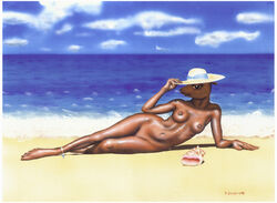 beach breasts female hat nude pinup sea_lion seaside solo speet wide_hips