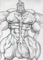 1boy balls bara beard big_muscles capcom chest_hair damon_gant facial_hair flaccid gyakuten_saiban human male male_only monochrome muscles muscular nude penis remert solo solo_male