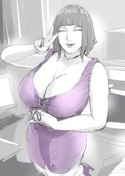 big_breasts busty edit edited hi_res high_resolution highres hourglass_figure hyuuga_hinata looking_at_viewer mature_female mature_woman milf naruto naruto_(series) naruto_shippuden partially_colored peace_sign purple_dress raikage_art short_hair smile