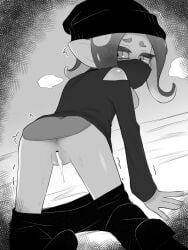 after_sex all_fours anus ass bare_shoulders beanie clothes_pull cum cum_in_pussy female greyscale hat hatching_(texture) highres mask medium_hair monochrome mouth_mask octoling_girl octoling_player_character organ_rn pants pants_pull pussy sidelocks splatoon splatoon_(series) suction_cup tentacle_hair thick_eyebrows
