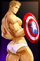 avengers back_view blonde_hair captain_america light_skin male male_only marvel muscular muscular_male steve_rogers underwear white_underwear