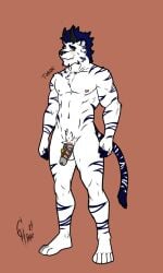 anthro athletic blush domestic_cat dominant_in_chastity embarrassed felid feline felis genitals hi_res horn hunterramirez male male/male mammal nude pantherine penis solo standing tiger