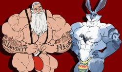 anthro balls bara barazoku beard big_muscles bulge bunnymund christmas dreamworks easter_bunny easter_bunny_(rise_of_the_guardians) facial_hair flaccid flexing furry holidays male male_only muscles muscular nicholas_st._north paramount_pictures penis public_domain rabbit remert rise_of_the_guardians santa_claus santa_claus_(rise_of_the_guardians) thong