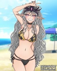 beach belly bikini chaos_(warhammer) idiotoftheeast kitagawa_marin_(cosplay) pointed_ears slaanesh smile warhammer_(franchise) warhammer_40k white_hair