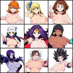 9girls ai_generated ben_10 caulifla chel chel_(the_road_to_el_dorado) chun-li collage crossover dawn_(pokemon) dc dc_comics dragon_ball dragon_ball_super fairy_tail female female_only frown gwen_tennyson human large_breasts looking_at_viewer lucy_heartfilia mullon multiple_girls my_hero_academia nipples novelai nude ochako_uraraka pointing_at_viewer pokemon pokemon_dppt raven_(dc) smile street_fighter wonder_woman wonder_woman_(series)