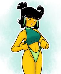 black_hair breasts cameltoe crop_top dirty_platypi eyebrows eyelashes green_highlights hair lego lipstick mei_(monkie_kid) midriff monkie_kid navel pulling_thong thong yellow_skin