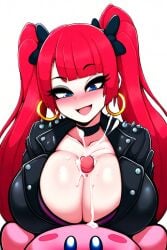 ai_generated blowjob blue_eyes cum goth_girl goth_mommy hair_ribbon hoop_earrings izzyredlove_(oc) kirby kirby_(series) large_breasts leather_jacket original original_character paizuri red_hair twintails