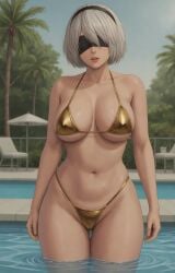 2d ai_generated blindfold gold_bikini nier:_automata nier_(series) pool shiroppo white_hair yorha_2b