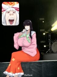 2girls big_breasts black_hair breasts clothed_female fan_screaming_at_madison_beer_(meme) fujiwara_no_mokou huge_breasts kaguya_houraisan light-skinned_female long_hair meme microphone omikami red_eyes singing sitting some_guy_getting_hyped_tf_up_over_a_singer_(meme) touhou white_hair