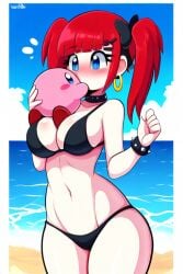 ai_generated beach bikini date goth_girl goth_mommy hoop_earrings izzyredlove_(oc) kirby kirby_(series) kissing large_breasts original original_character spiked_bracelet spiked_collar surprised twintails twintails_(hairstyle) wholesome wide_hips