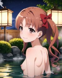 ai_generated bathing breasts hot_spring hot_springs hotspring hotsprings lamps night night_sky nude nude_female onsen partially_submerged shirai_kuroko sideboob submerged to_aru_kagaku_no_railgun to_aru_majutsu_no_index turned_head twintails twintails_(hairstyle)