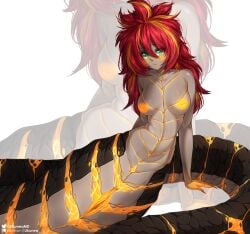 bloated_belly green_eyes inverted_nipples lamia lava likunea monster monster_girl monster_girl_(genre) nipples nude red_hair scales sky snake_girl