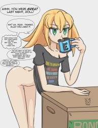 1girls artist_request ass blonde_hair bottomless english_text mega_man mega_man_legends roll_caskett shirt