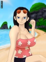 1girls bare_arms bare_legs bare_shoulders bare_thighs big_breasts black_hair blue_eyes clothed clothing color female female_focus female_only hi_res jckix_art large_breasts light-skinned_female light_skin long_hair looking_at_viewer nico_robin one_piece shounen_jump solo solo_female sunglasses sunglasses_on_head tagme thick_thighs