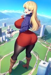 1female 1girls aged_up ai_generated ass belt belt_buckle big_ass big_breasts big_butt blonde_female blonde_hair blonde_hair_female boots breasts brown_boots city city_background curvaceous curvy curvy_female curvy_figure dat_ass disney disney_channel female female_only giantess giantess_growth gravity_falls growth high_heel_boots high_heels hoop_earrings huge_ass huge_breasts jacket knee_boots large_breasts leggings long_hair looking_at_viewer pacifica_northwest pantyhose purple_clothing purple_dress purple_jacket red_dress tall_female thick_ass thick_thighs thighhighs thighs tight_dress waist_belt