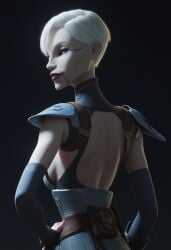 ai_generated armor asajj_ventress bare_back belt black_background clone_wars duchess_eugene hand_on_hip looking_back markings pauldrons portrait short_hair stable_diffusion star_wars tagme white_hair