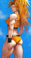 1girls 2021 absurd_res ass athletic_female biceps buruma captain_mizuki earrings fit_female hi_res human light-skinned_female long_hair looking_at_viewer looking_back mature_female muscular muscular_female one-punch_man open_mouth orange_hair ponytail purple_eyes revision simple_background slim_waist solo sports_bra standing wide_hips yoshi55level
