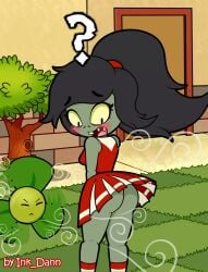 ass big_ass black_hair blover_(pvz) blush cheerleader cheerleader_uniform cheerleader_zombie confused_face female female grey_body hairbow ink_dann long_hair looking_back monster_girl no_panties plants_vs_zombies shy shy_face upskirt video_games wind_lift