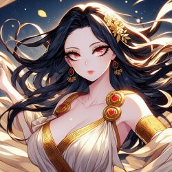 ai_generated big_breasts big_breasts black_hair goddess greek_clothes red_eyes white_female white_skin