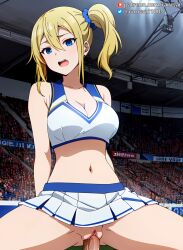 1boy 1girls ai_generated anime background_characters blonde_hair blue_eyes cheerleader cheerleader_outfit cowgirl_position female hayasaka_ai human kaguya-sama_wa_kokurasetai_~tensai-tachi_no_renai_zunousen~ large_breasts male sex stable_diffusion vaginal_penetration vaginal_sex