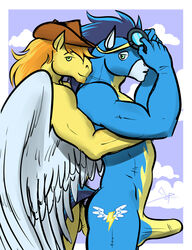 2013 anthrofied bgn bodysuit braeburn_(mlp) bulge cowboy_hat duo earth_pony equine erection eyeswear friendship_is_magic fur gay goggles green_eyes hat horse horsecock male male_only multiple_males my_little_pony no_humans penis pony soarin_(mlp) two_tone_hair wonderbolts_(mlp) yaoi yellow_fur