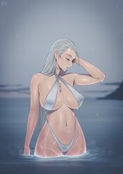 ak-12_(girls'_frontline) breasts cleavage closed_eyes criss-cross_halter female female_only girls'_frontline grey_hair grey_slingshot_swimsuit halterneck hand_up j_adsen large_breasts long_hair navel outdoors profile revealing_clothes skimpy_clothes slingshot_swimsuit solo stomach straight_hair swimsuit very_long_hair wading water