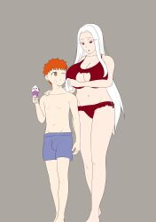 1boy 1girls big_breasts big_penis curvy emiya_shirou fate/stay_night fate_(series) ice_cream irisviel_von_einzbern kmvt kmvt69 married_woman milf swimsuit