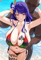 1girls ai_generated armpits arms_up beach big_bubba bikini dark-skinned_male genshin_impact himeno interracial large_breasts outdoors pan-african_flag queen_of_spades raiden_shogun seductive smile spade spade_tattoo standing