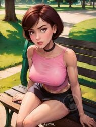 ai_generated black_skirt brown_eyes brown_hair collar elygordan elygordanart helen_parr in_the_air milf nipples nipples_visible_through_clothing pink_t-shirt sitting_on_bench solo solo_female the_incredibles the_incredibles_2