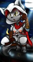 2019 anthro aria_(cjweasle) assassin's_creed breasts canid canine canis cjweasle clothed clothing cosplay digital_media_(artwork) female genitals hair hi_res hood mammal moon mostly_nude nipples pussy solo tagme tail ubisoft weapon wolf